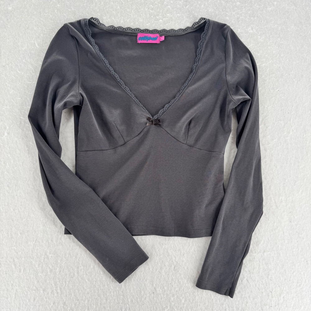 Edikted - Long Sleeve Lace Trim V-Neck Bow Top - Charcoal Grey - M - Womens